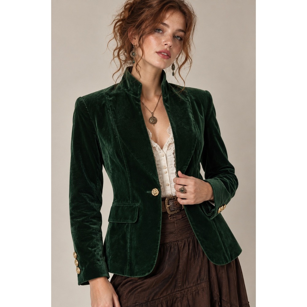 Forest Green Velvet Blazer M Gold Buttons Fairycore Steampunk Woodland Green